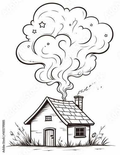 Black and White House with Smoke, Illustration with Transparent Background