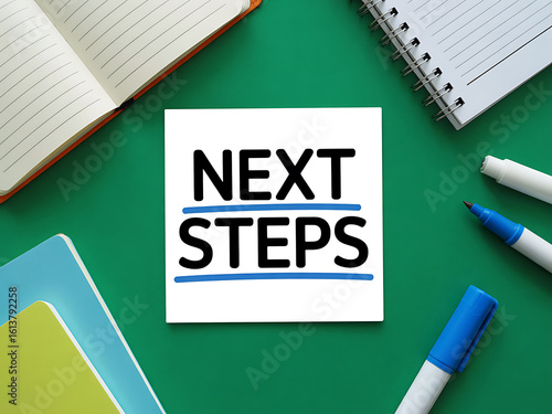 Planning the next steps with notebooks and markers on a green surface