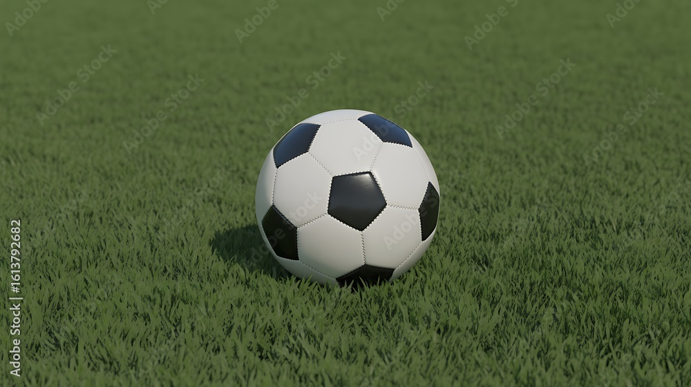Classic soccer ball resting on a lush green field under sunlight Classic soccer ball resting on a lush green field under sunlight