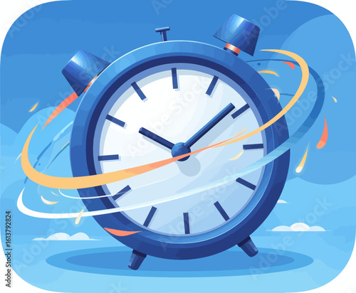 Blue Stopwatch with Orange Swirls on Transparent Background, 3D Realism Graphic for Web Design
