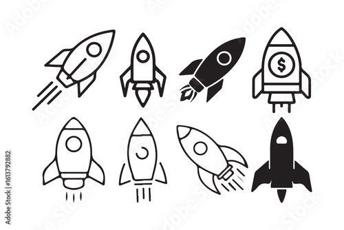 Rocket icons set. Startup symbol, filled flat sign, boundless potential. Victor illustration eps10