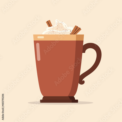 Brown Coffee Mug with Cinnamon Topping, Glossy Illustration with Transparent Background
