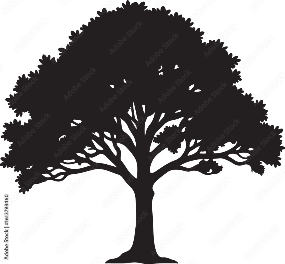 Obraz premium Black vector tree silhouette illustration with roots and leafy branches, perfect for nature-inspired spring and autumn designs