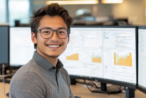 Young man with glasses smiles at the camera while working with multiple monitors displaying data charts in a modern office setting.