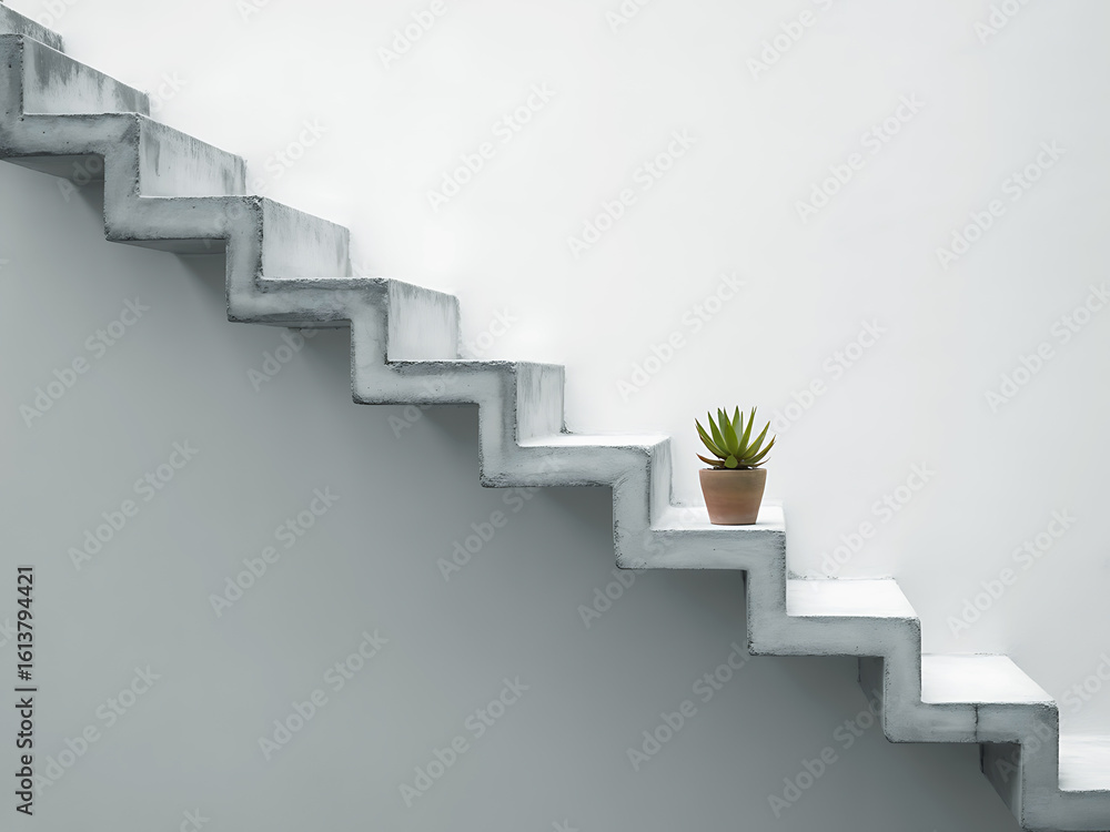 Obraz premium Lone potted plant ascends stark concrete staircase under bright light