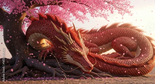 Majestic Red Dragon Resting Beneath a Blooming Cherry Tree, Symbolizing Power, Beauty