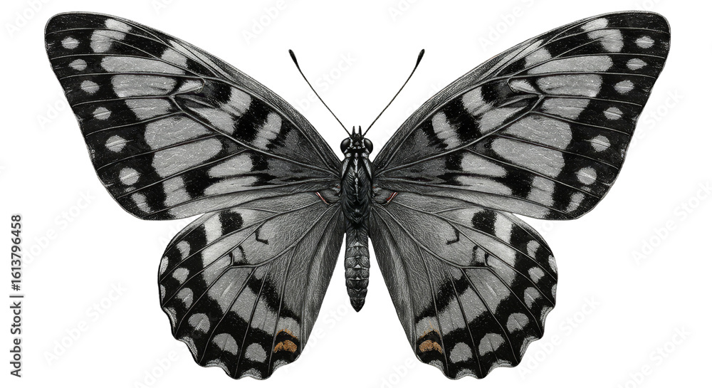 Fototapeta premium Detailed Butterfly Illustration with Symmetrical Wing Patterns Isolated on Black