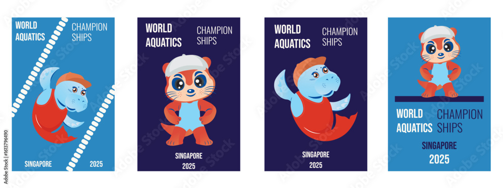 World Aquatics championships poster cover set. Vector illustration of dugong and otter mascot on Aquatics sport competition poster collection. EPS 10 World Aquatics championships poster cover set. Vector illustration of dugong and otter mascot on Aquatics sport competition poster collection. EPS 10