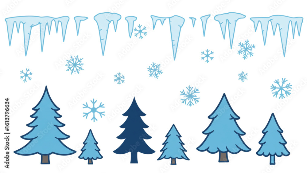 Obraz premium Festive winter scene featuring cute hand drawn cartoon trees snowflakes and icicles for holiday designs