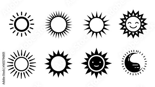 Variety of sun icons offering a sunny day feeling and positive energy, perfect for weather or design projects
