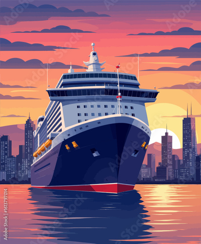 Illustration of a Blue Cruise Ship with Orange Accents, Sunset Reflection on Transparent Background, Vector Graphic for Web Design