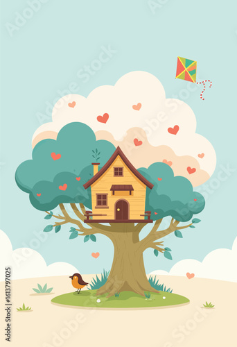 Illustration of a Treehouse with Birds on Transparent Background, Whimsical Graphic for Digital Media