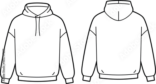PrintBlank hoodie template front and back view, fashion design outline, editable sketch for garment customization, apparel illustration, clothing mockup