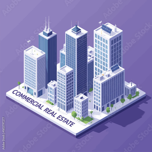 Isometric Commercial Real Estate Buildings on Transparent Background, 3D Realism Design Element