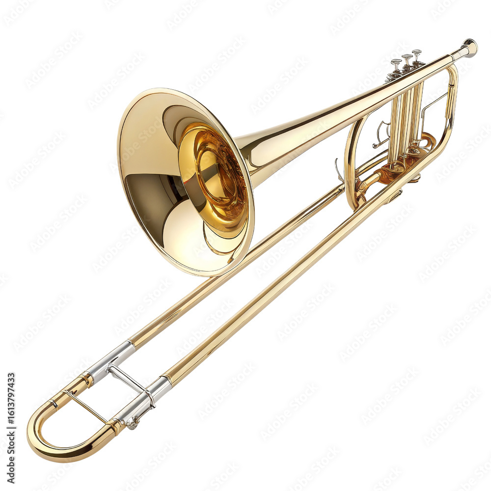 Obraz premium Golden Trombone 3D Render, Isolated on Transparent Background, Brass Instrument, Musical Instrument, Trombone, 3D Model, Music