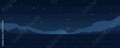Midnight Indigo Mountain Range with Stars, Transparent Background, 3D Realism Graphic