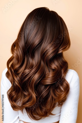 A woman with long, wavy brown hair is shown from the back