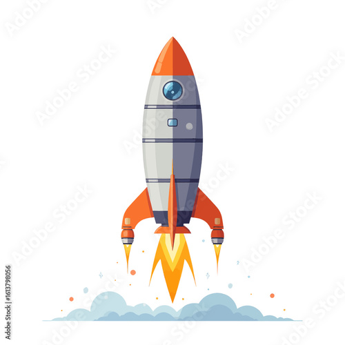 Orange Rocket Launch with Transparent Background, Flat Design Illustration for Web Design