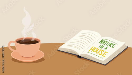 Pink Coffee Cup with Steam, Open Book on Transparent Background, Watercolor Illustration for Branding