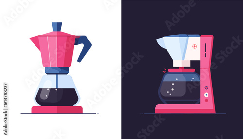 Pink Moka Pot Illustration with Transparent Background, Flat Design Element