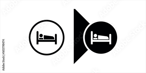 Black and white icons of a person sleeping in a bed symbol