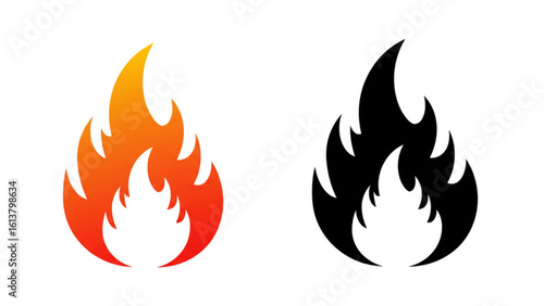Dynamic fire icons, vibrant orange flame next to bold black silhouette for striking design elements