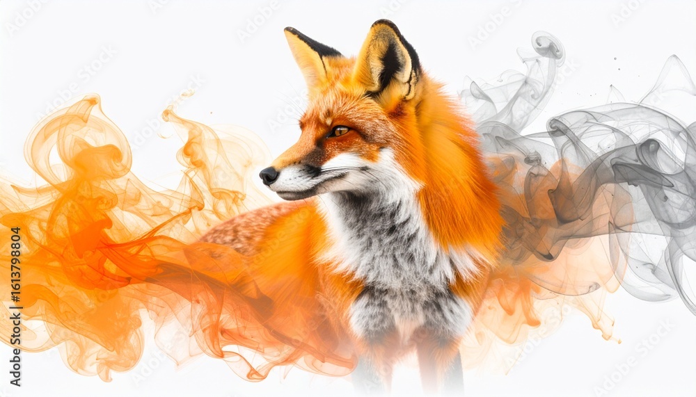 Obraz premium Artistic portrait of a wild red fox with a dynamic dispersion effect of orange and grey smoke on an isolated white background.