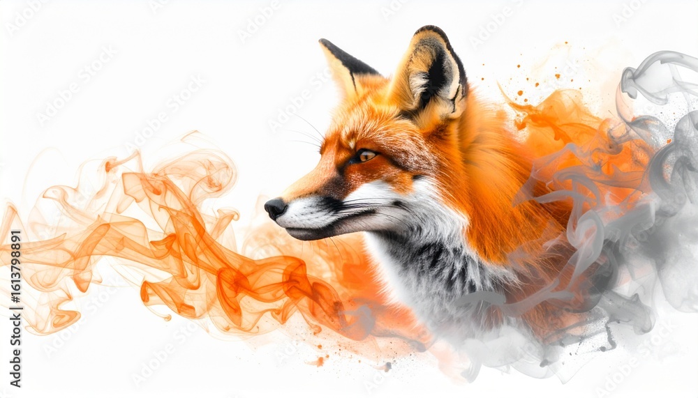 Naklejka premium Artistic illustration of a wild red fox with a creative dispersion effect, dissolving into abstract orange and grey smoke on a white background.