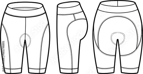 PrintCycling shorts technical drawing, ergonomic padding details, side front back view sketch, fashion template for sportswear clothing pattern design