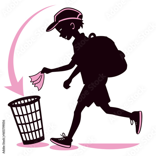 Cartoon Schoolboy Throwing Trash into Dustbin on Way to School – Clean Environment, Student Discipline, Waste Management, Eco-Friendly Habits, Public Hygiene, and Educational Awareness Concept