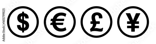 international currency symbol icon set with dollar euro pound yen on transparent background