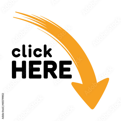 click here label with arrow icon set on transparent background