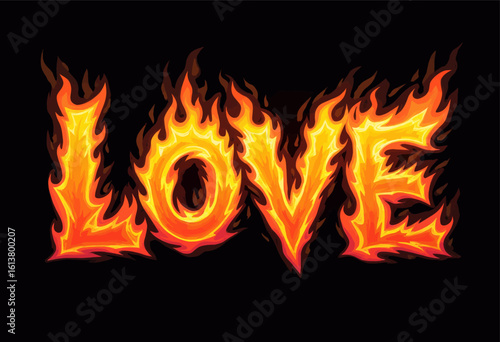 Vibrant Orange Fire Love Text on Transparent Background, Glowing Graphic for Digital Media