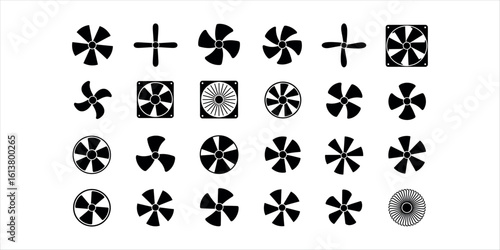 Collection of black fan blades and fan icons on white background propeller ventilation