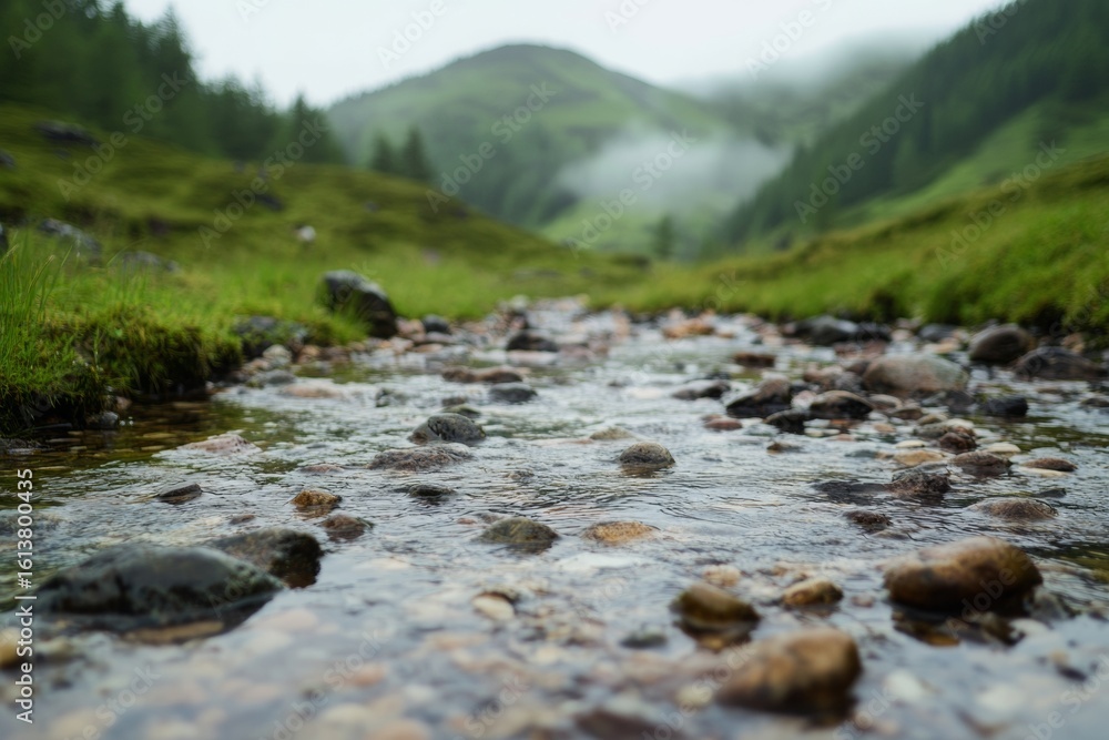 Obraz premium clear creek in the foreground, misty green mountains in the background