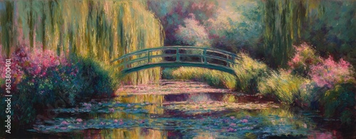 Impressionistic garden scene with a bridge over water lilies