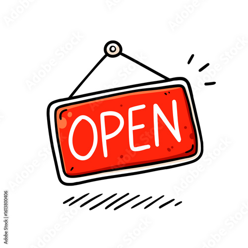 Cute and colorful red OPEN sign illustration with hand-drawn cartoon style. Hanging board design isolated on transparent background, ideal for shop, business, website, and user interface use.