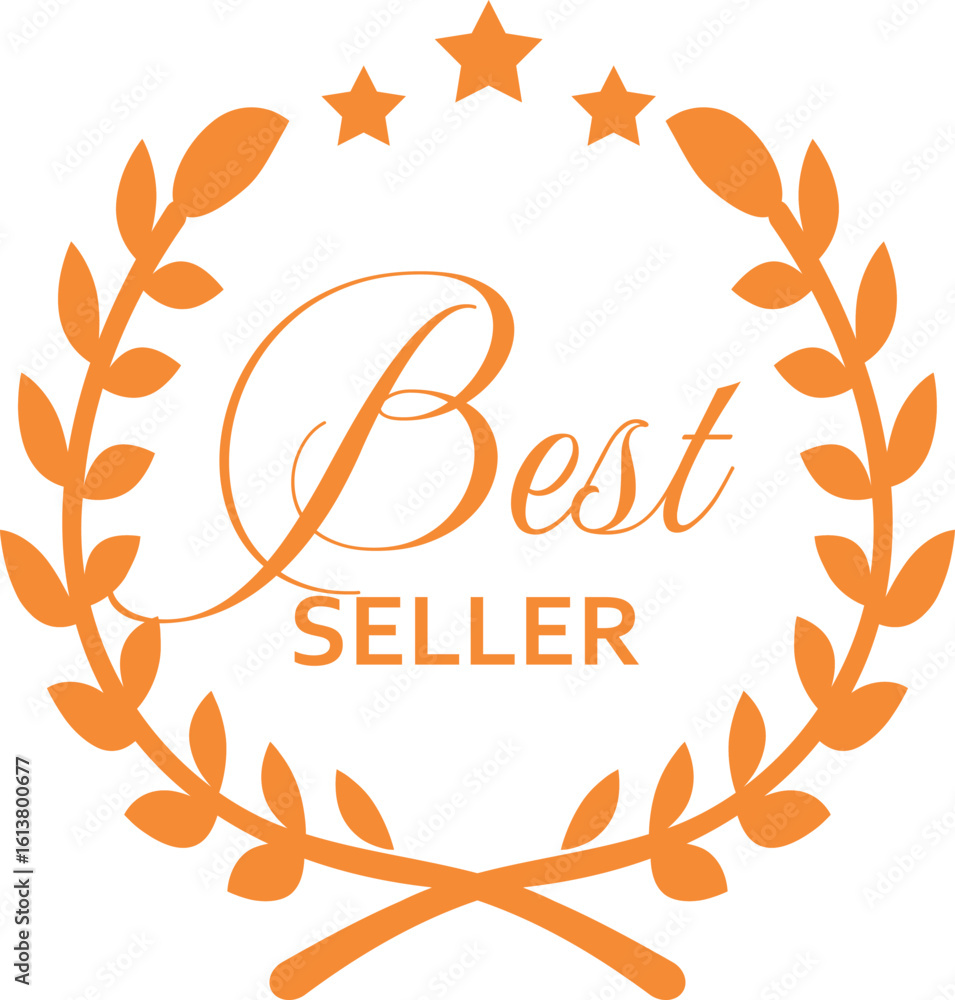 Fototapeta premium Best seller badge with laurel wreath and stars, vector golden medal, achievement mark, winner quality business label