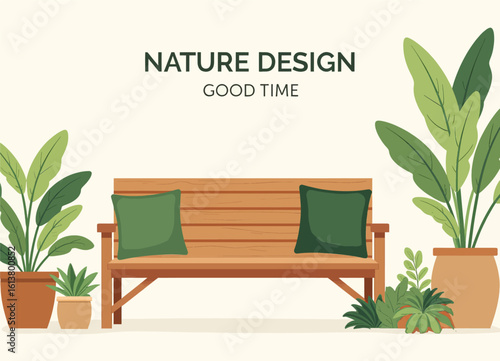 Wooden Bench with Green Pillows, Nature Design Illustration on Transparent Background