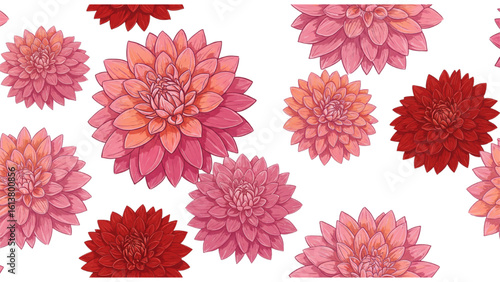 Elegant dahlia flower pattern in pink and red hues offers a modern floral design element for any project