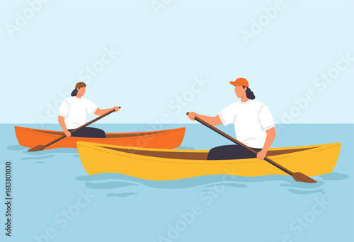 Yellow Canoe Paddlers with Transparent Background, Flat Design Illustration for Web Design
