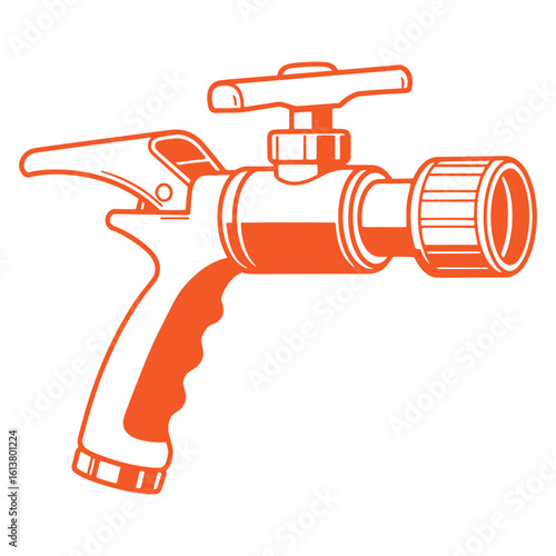 Orange outline illustration of a garden hose spray nozzle for watering plants and cleaning