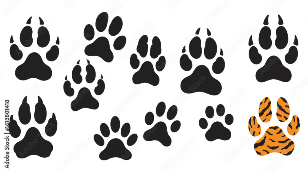 Fototapeta premium Wild animal paw prints trail with a tiger paw, fierce animal track design, powerful mammal footprint