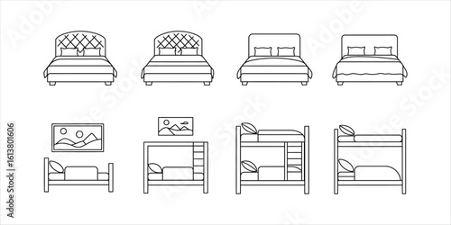 Collection of eight simple line art illustrations of beds and bunk beds bedroom furniture