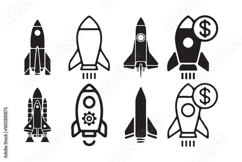 rocket vector set.  Launch spaceship or spacecraft. Exciting rocket, Black rocket icon. Victor illustration eps 10