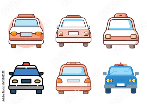 Front view of six different colorful cars, Bundle  including taxis and police