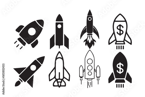 rocket vector set.  Launch spaceship or spacecraft. Exciting rocket, Black rocket icon. Victor illustration eps 10