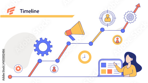 Infographic depicting a timeline with various icons representing business growth and development stages shown