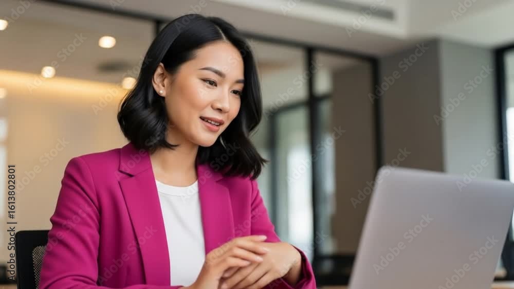 Confident Asian Professional Woman in Pink Blazer on Laptop Video Call in Bright Modern Office Confident Asian Professional Woman in Pink Blazer on Laptop Video Call in Bright Modern Office