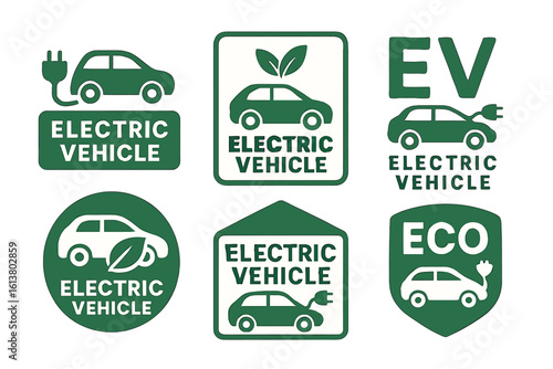 A collection of eco-friendly electric vehicle icons depicting sustainable transportation and environmentally conscious automotive industry innovations